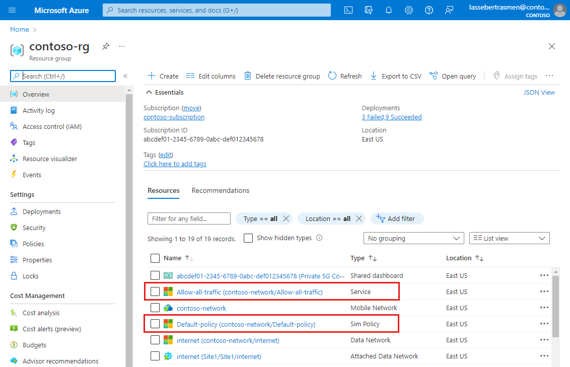 Azure portal のスクリーンショット。新たにプロビジョニングされた SIM を含むリソースグループが表示されています。