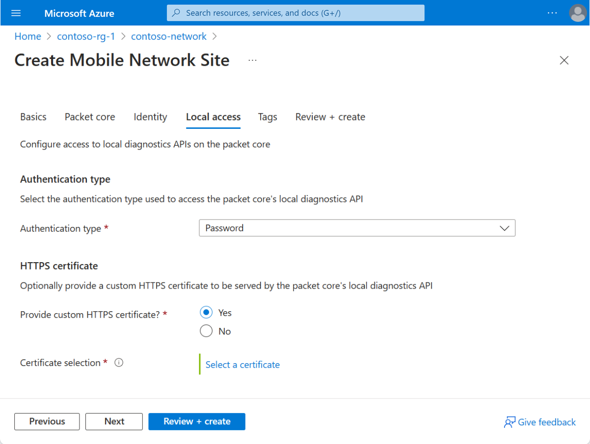 サイト リソースのローカル アクセス構成タブを示す Azure ポータルのスクリーンショット。