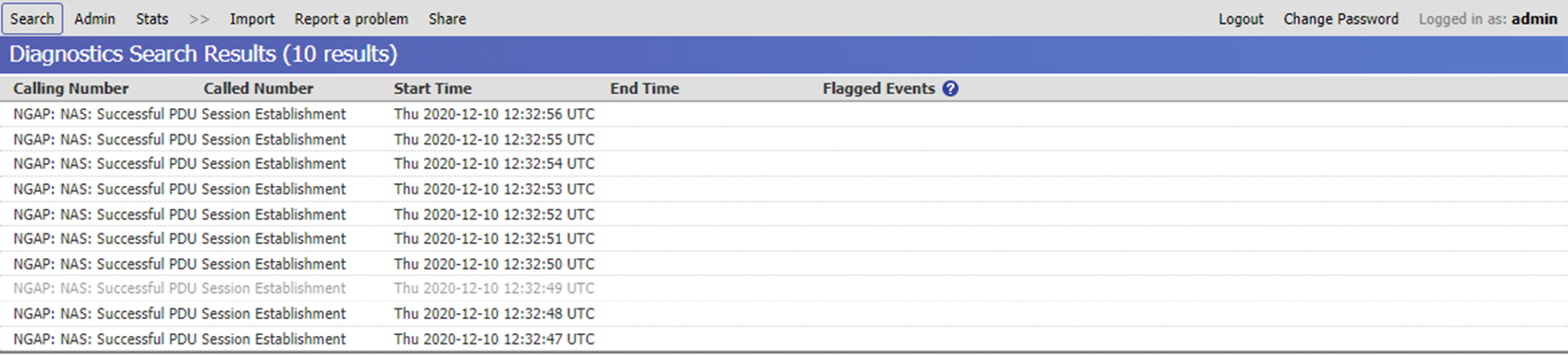 Screenshot of search results on a specific S U P I in the distributed tracing web G U I. It shows matching Successful P D U Session Establishment records.