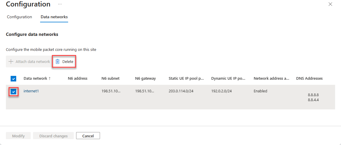 選択したデータ ネットワークと削除ボタンを示す Azure portal のスクリーンショット。