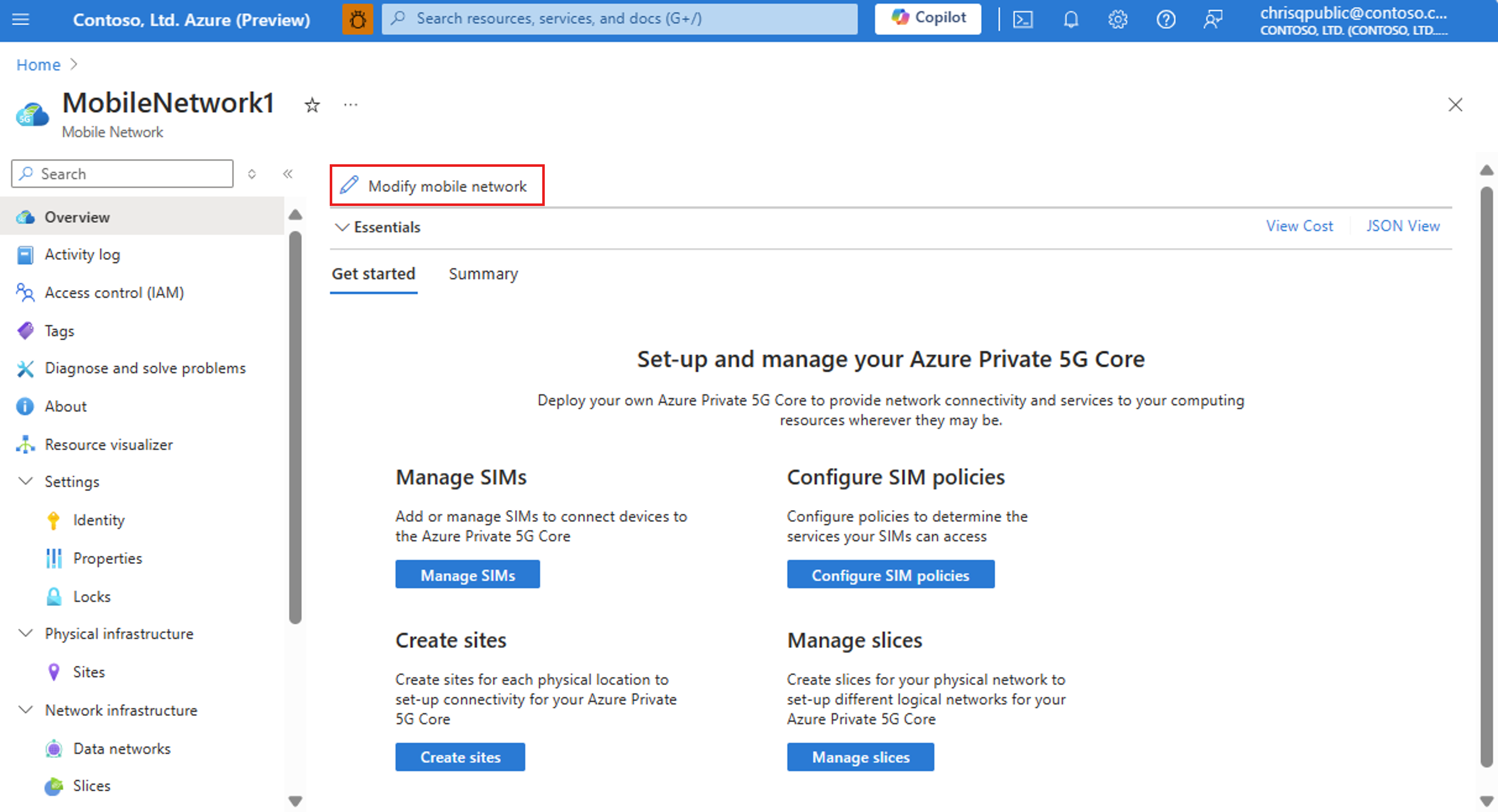 Azure portal のモバイル ネットワークの変更のスクリーンショット。