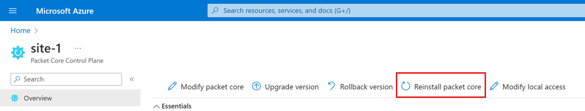 [パケット コアの再インストール] オプションが表示されている Azure portal のスクリーンショット。