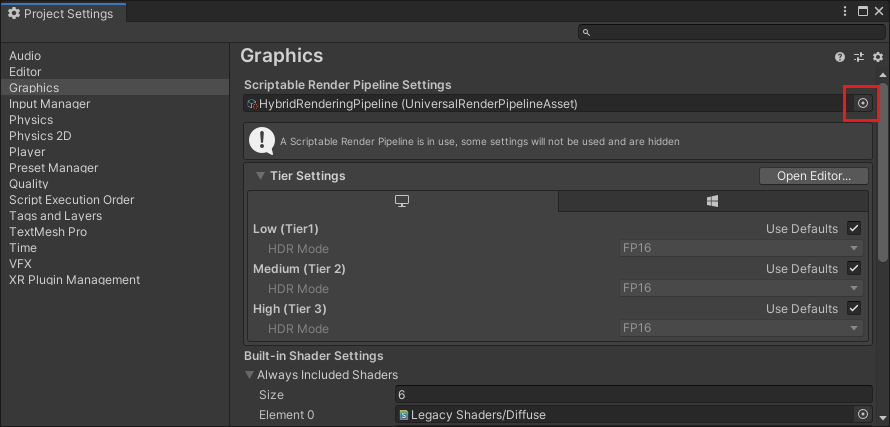 [Unity Project Settings]\(Unity プロジェクトの設定\) ダイアログのスクリーンショット。左側の一覧で [グラフィックス] エントリが選択されています。ユニバーサル レンダー パイプラインアセットを選択するボタンが強調表示されています。