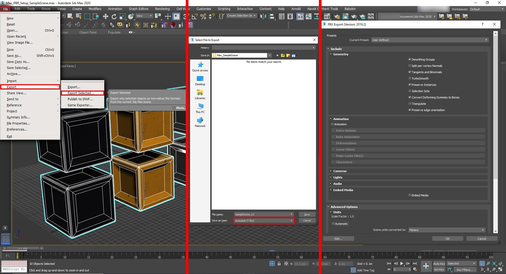 FBX にエクスポートする方法を示すスクリーンショット。