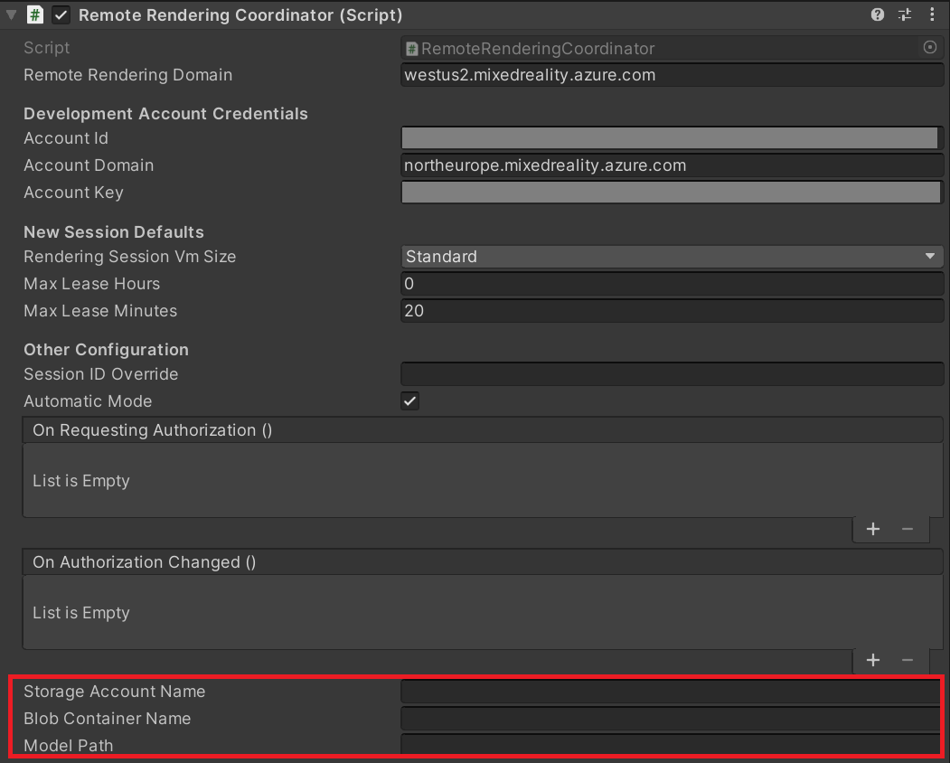 Screenshot that highlights the Storage Account Name, Blob Container Name, and Model Path of the RemoteRenderingCoordinator component.