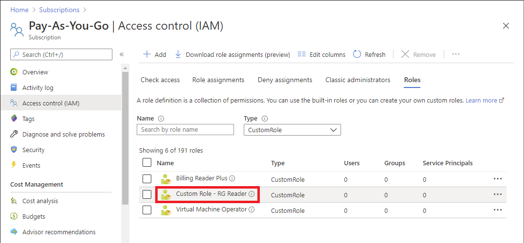 Azure portal 内の新しいカスタム ロール