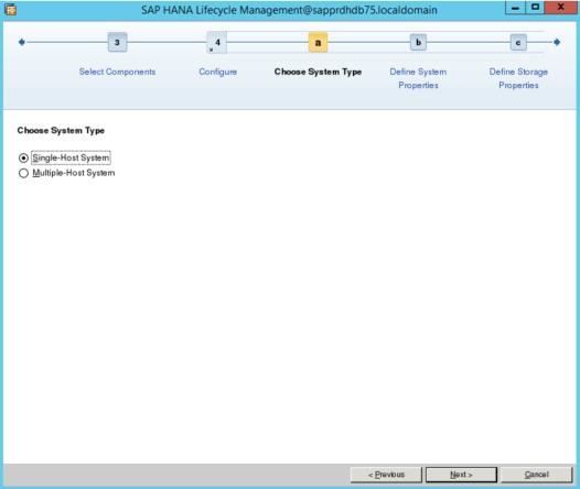 SAP HANA Lifecycle Management の画面のスクリーンショット。[Single-Host System]\(シングルホストのシステム\) が選択されている。