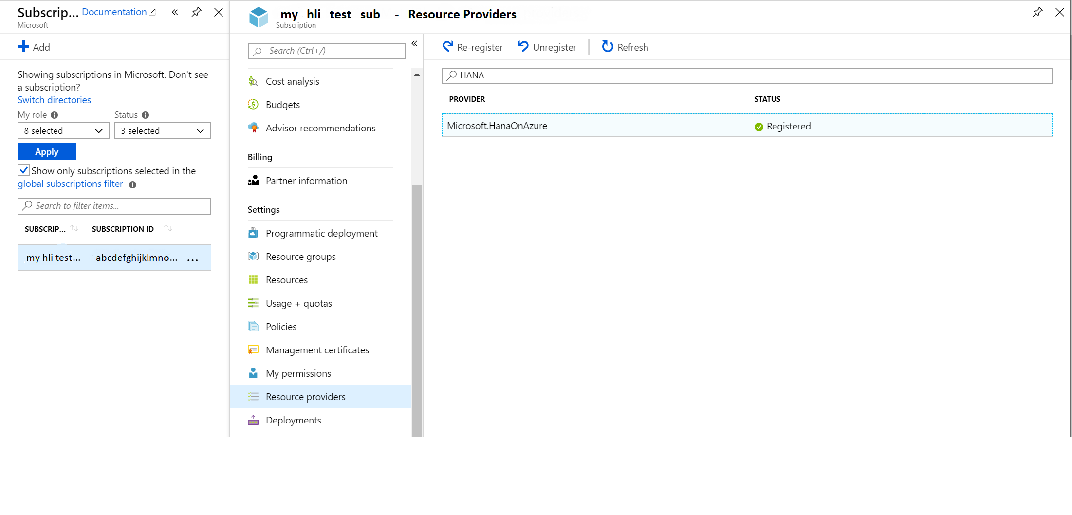 Azure portal を使用して HLI RP を登録する