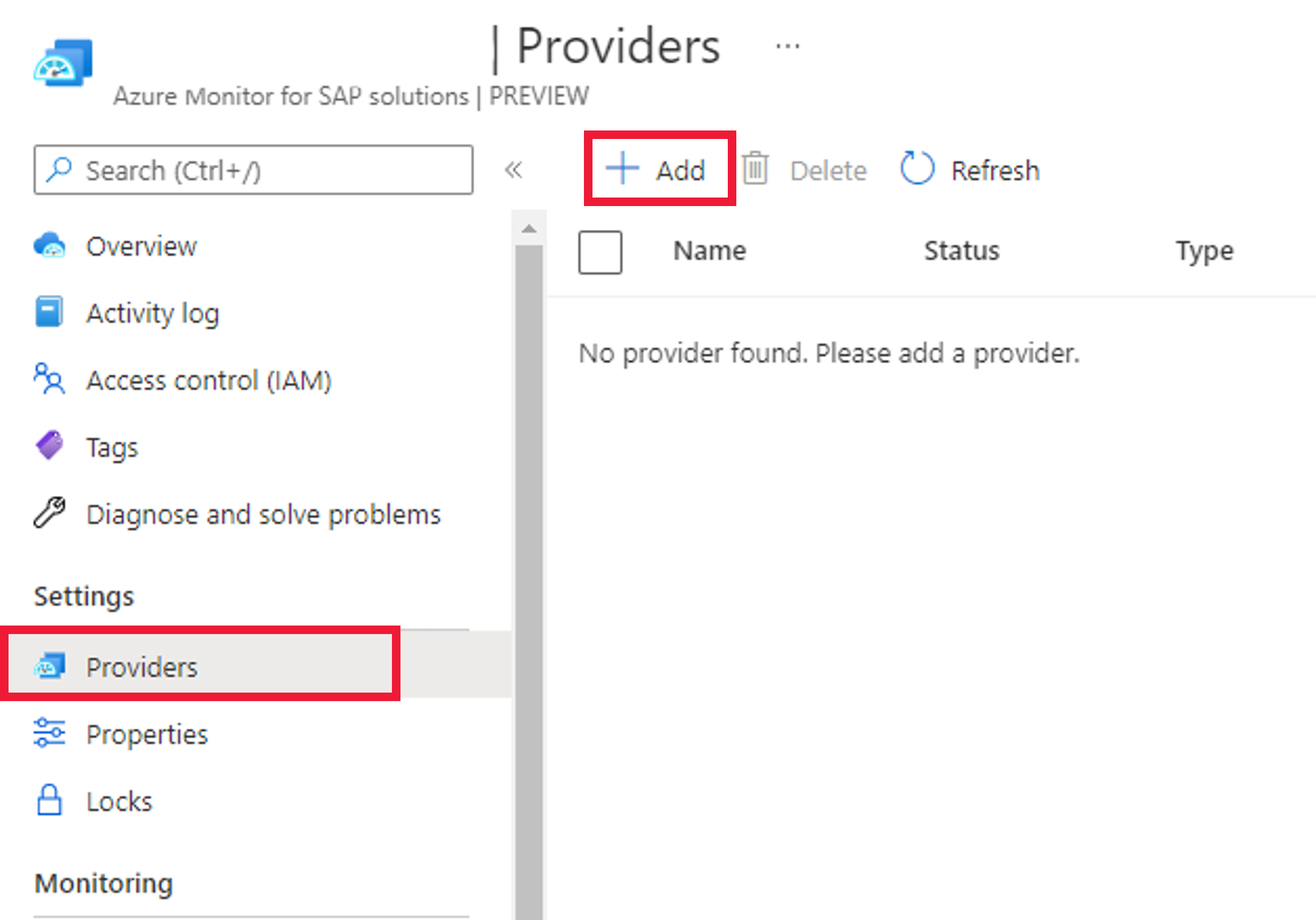 Azure portal の Azure Monitor for SAP ソリューション リソースを示す図。新しいプロバイダーを追加するためのボタンが示されています。