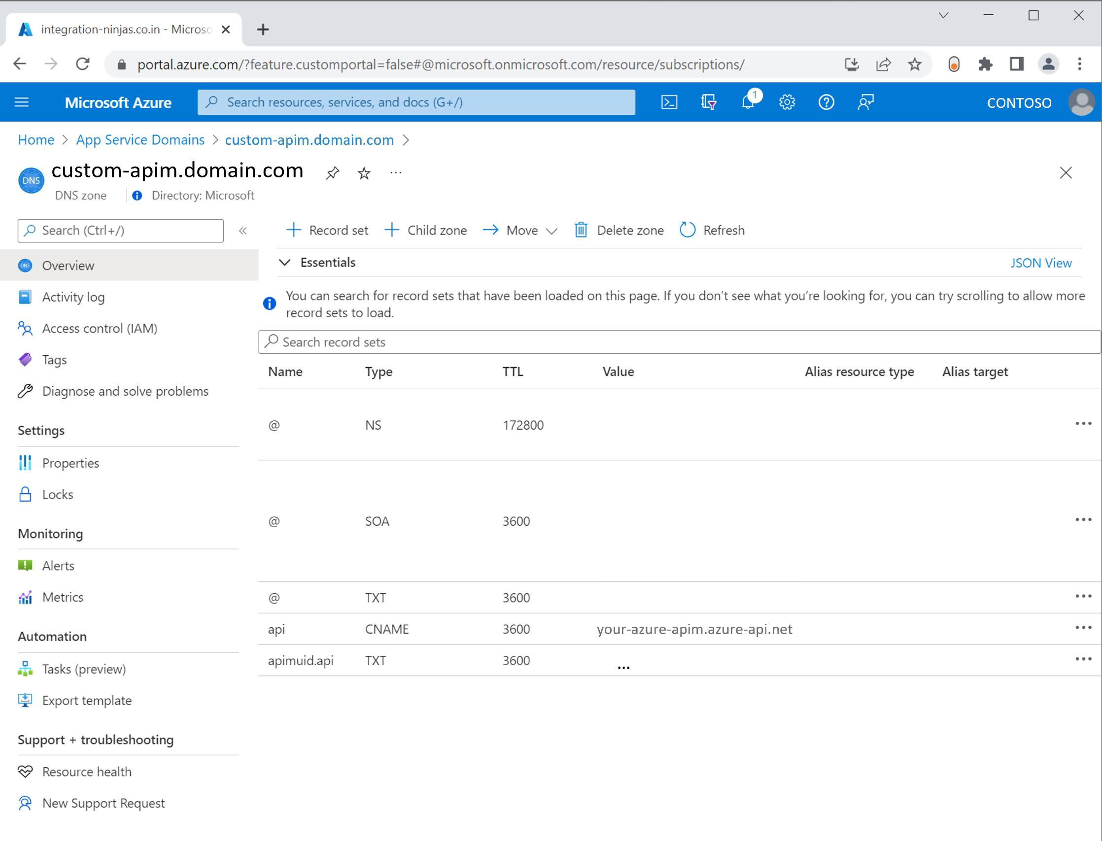 Azure API Management ドメインへのカスタム ドメイン マッピングを示すスクリーンショット。