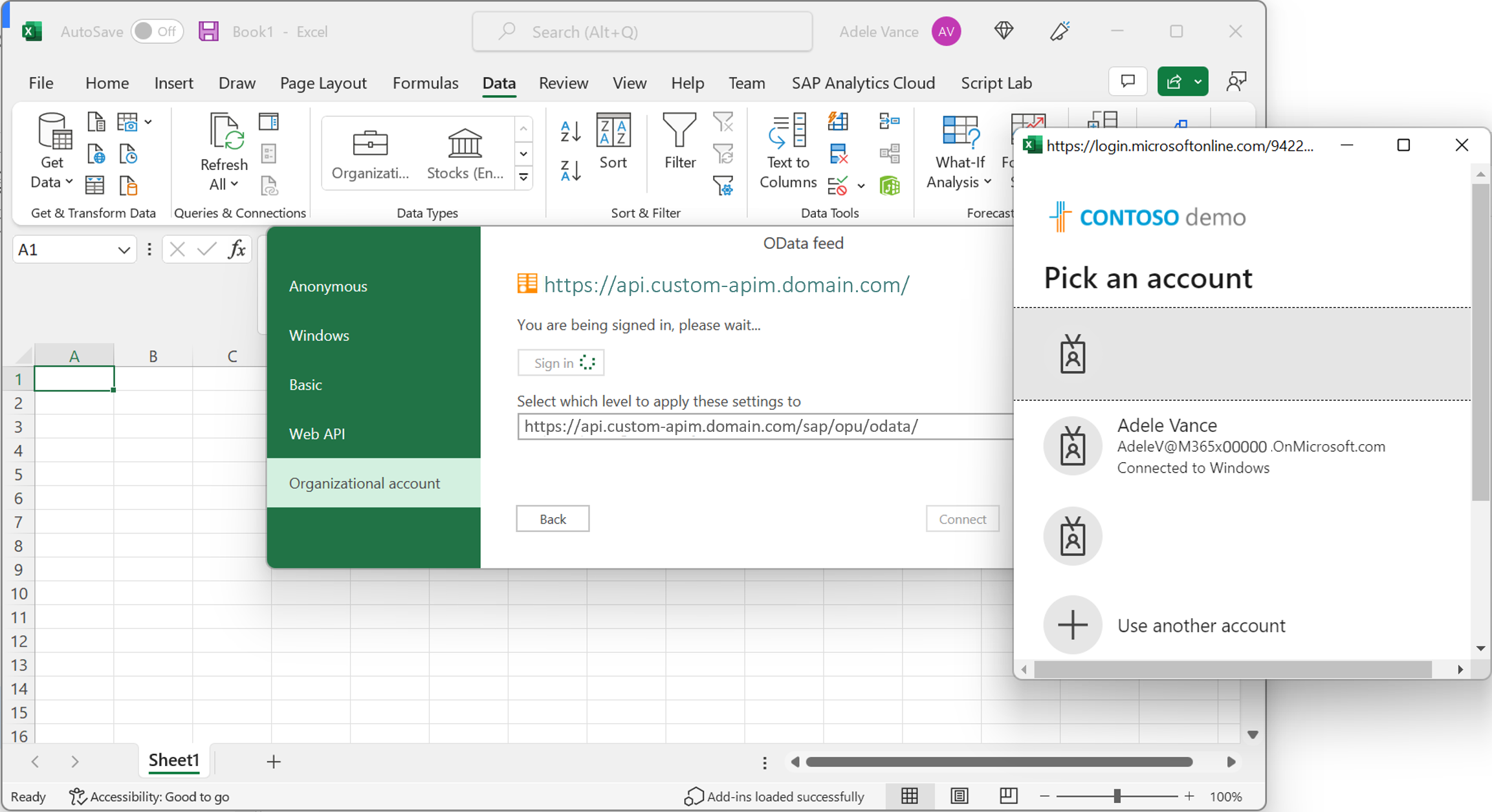 [組織アカウント] オプションの Excel 内でのログイン フローを示すスクリーンショット。