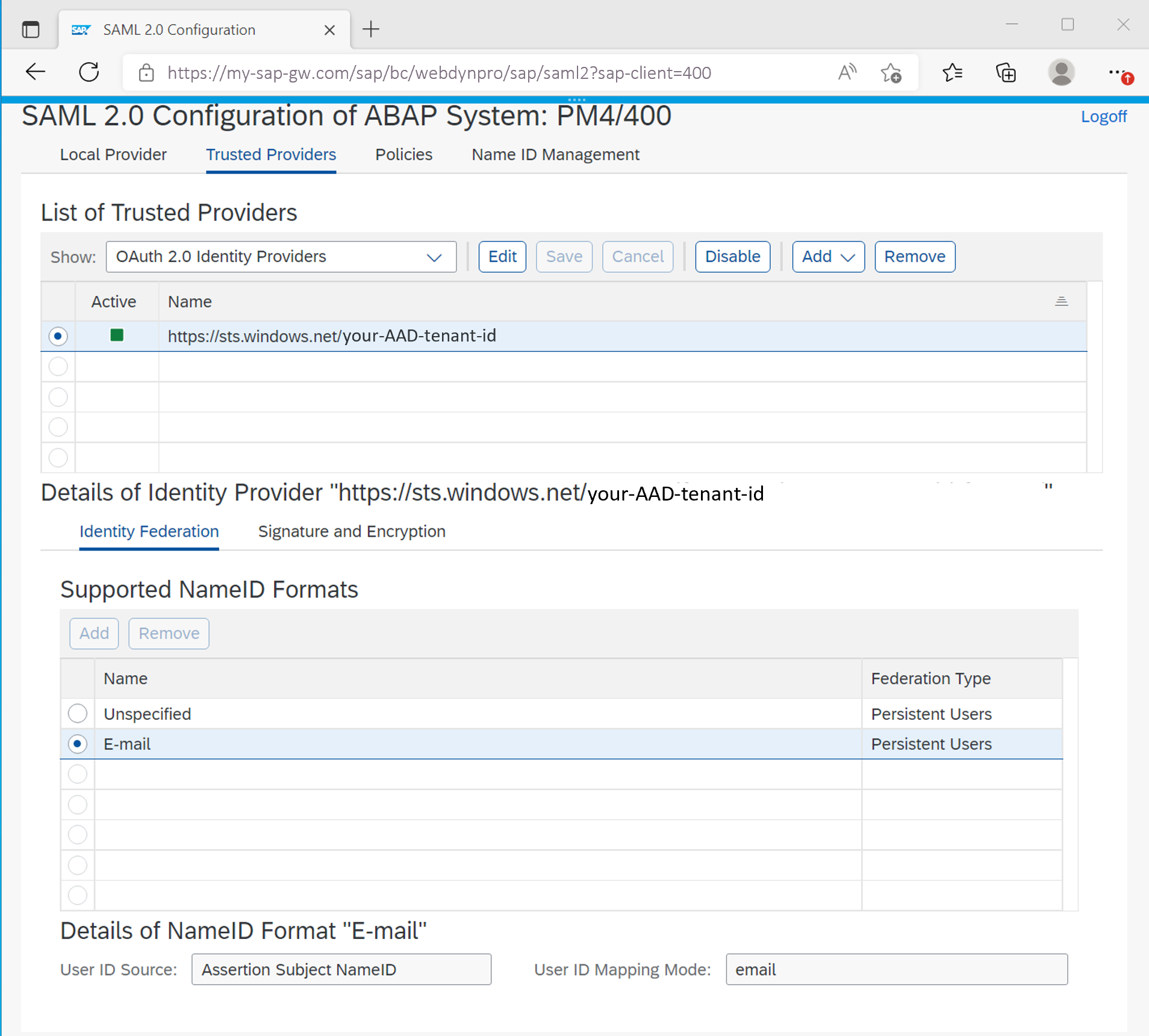 SAP SAML2 トランザクションの電子メール マッピング モードを示すスクリーンショット。