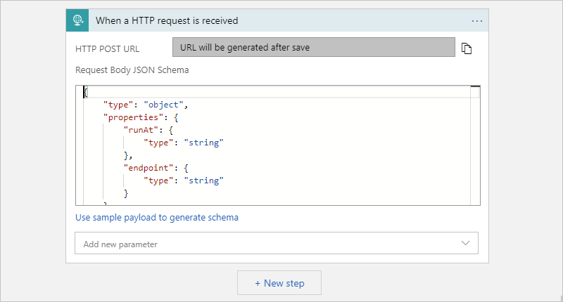 サンプル JSON 要求スキーマを含む要求トリガーを示すスクリーンショット。