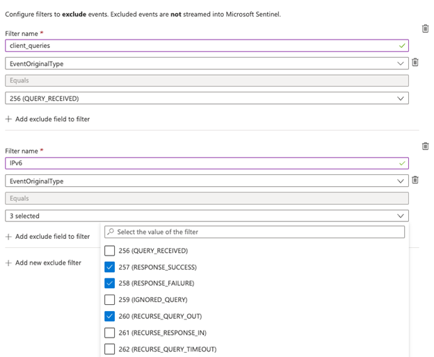 AMA コネクタ経由の Windows DNS のイベント ID を除外するスクリーンショット。