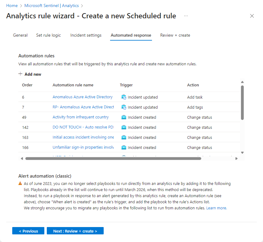 Azure portal での分析ルール ウィザードの自動応答画面のスクリーンショット。