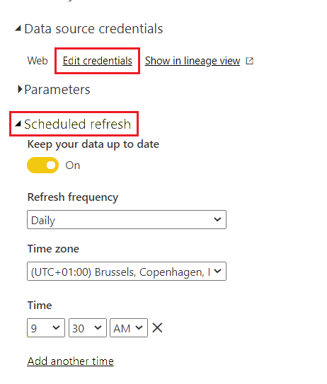 Power BI レポートのデータセットの [スケジュールされた更新] の設定を示すスクリーンショット。