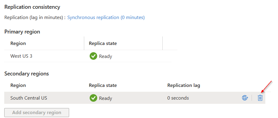 セカンダリ Azure リージョンを削除する方法を示すスクリーンショット。