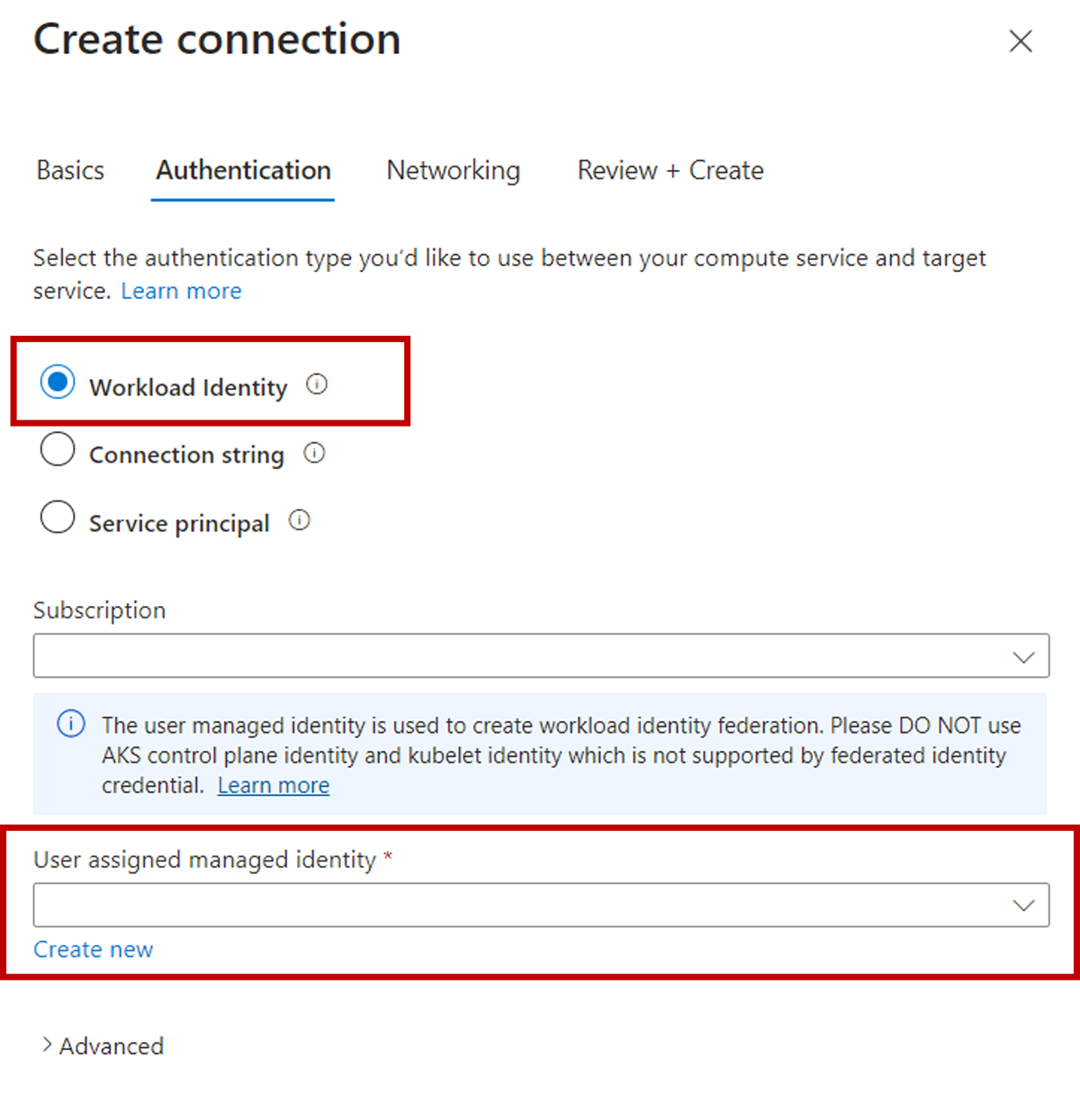 Azure portal のスクリーンショット。ワークロード ID を使用して接続を作成しています。