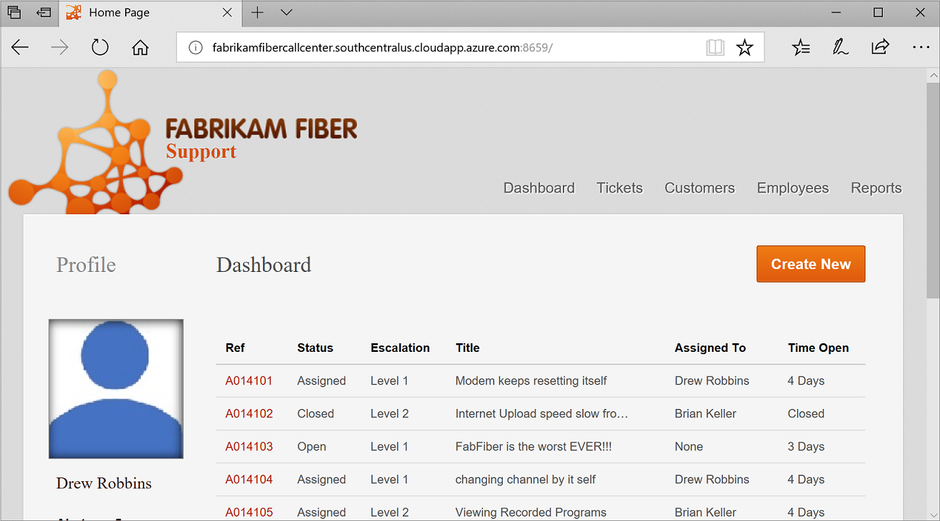 azure.com で実行されている Fabrikam Fiber CallCenter アプリケーション ホーム ページのスクリーンショット。このページには、サポート コールの一覧が含まれるダッシュボードが表示されます。