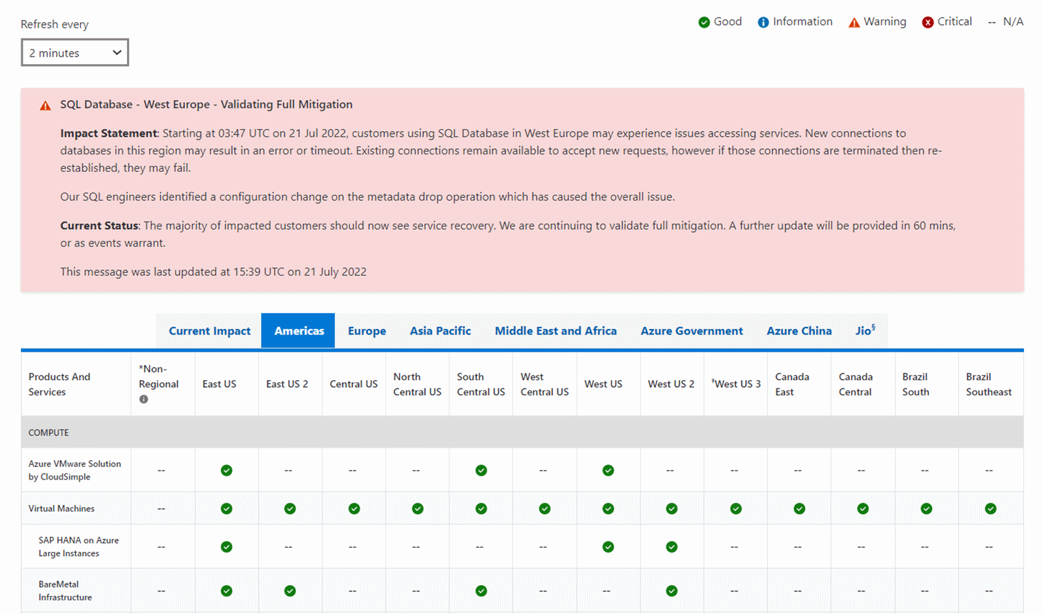 Azure の状態バナーの例を示すスクリーンショット。