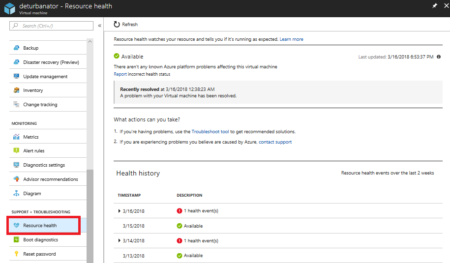 リソース ビューから Resource Health を開く様子