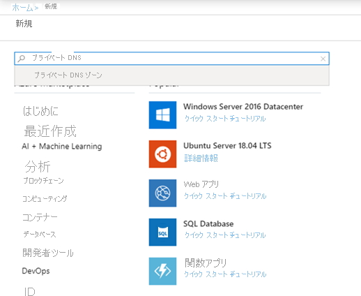 Azure portal の新しいリソース ページでのプライベート DNS ゾーンの検索を示すスクリーンショット。