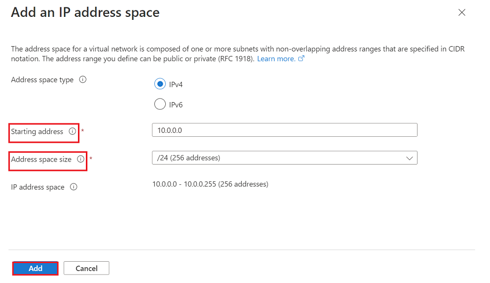 仮想ネットワークの追加のオプションのスクリーンショット。