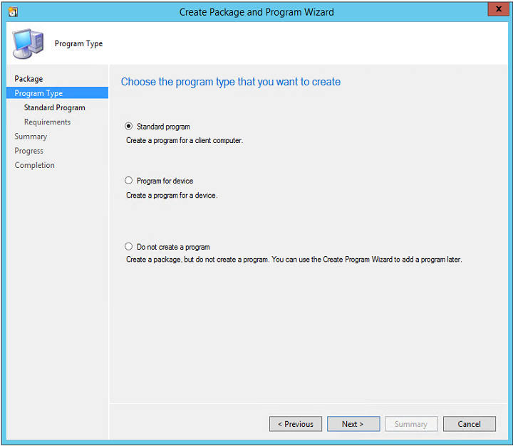 [標準プログラム] オプションを示すパッケージとプログラムの作成ウィザードのスクリーンショット。