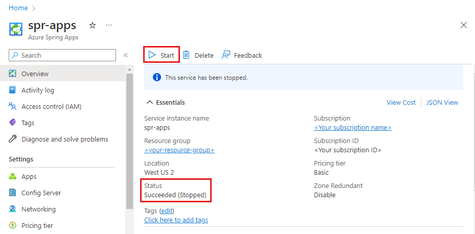 [開始] ボタンと状況の値が強調表示された、Azure Spring Apps の [概要] ページを示す Azure portal のスクリーンショット。