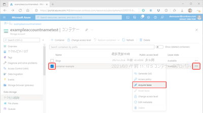 Screenshot showing how to access container lease settings in the Azure portal.