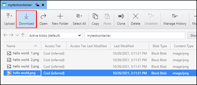 Microsoft Azure Storage Explorer で BLOB をダウンロードする方法を示すスクリーンショット