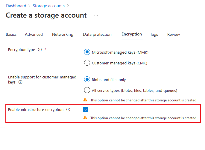 アカウントを作成するときにインフラストラクチャ暗号化を有効にする方法を示すスクリーンショット。