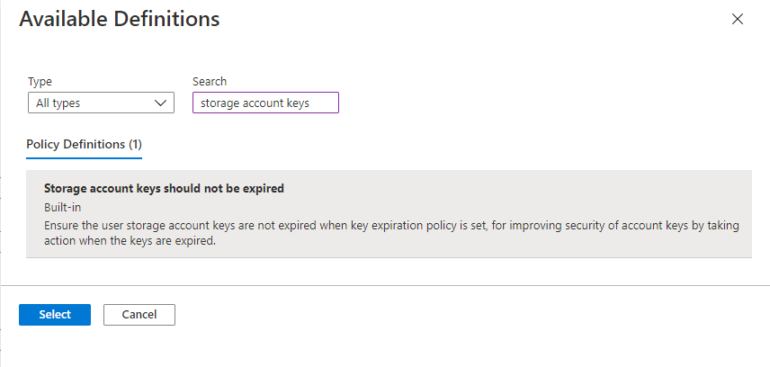 ストレージ アカウントのキー ローテーション サイクル間隔を監視する組み込みポリシーを選択する方法を示すスクリーンショット