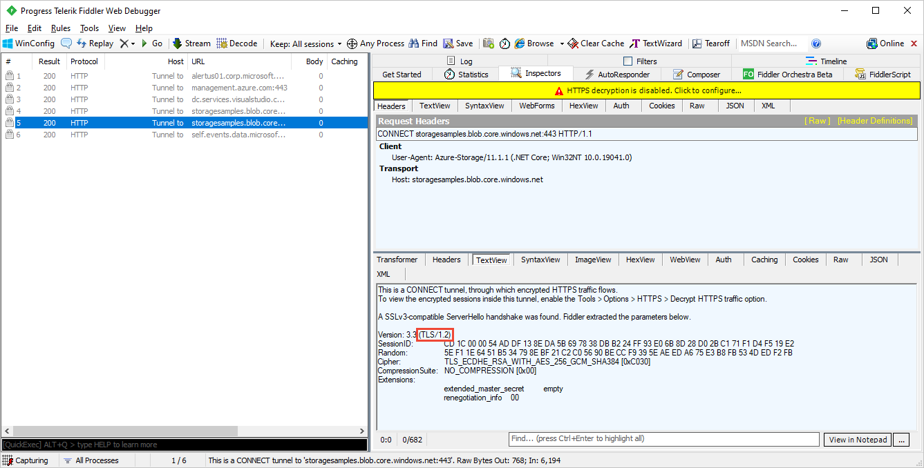 要求により使用される TLS バージョンを示す Fiddler トレースを示すスクリーンショット