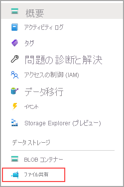 [ファイル共有] が選択されているストレージ アカウント ブレードのスクリーンショット。