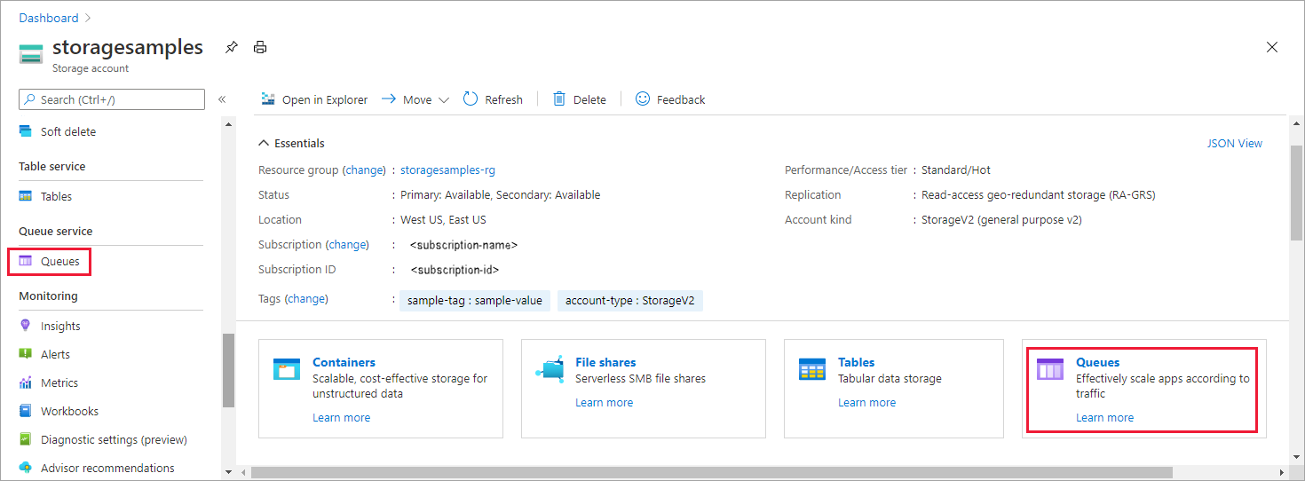 Azure portal でキュー データに移動する方法を示すスクリーンショット