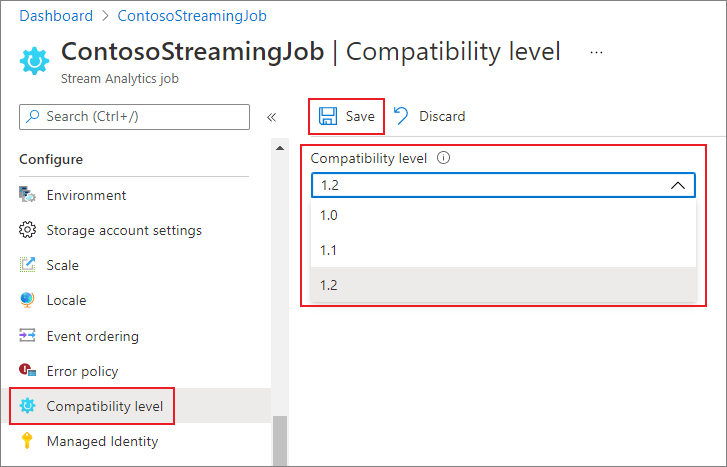 Azure portal の Stream Analytics の互換性レベル