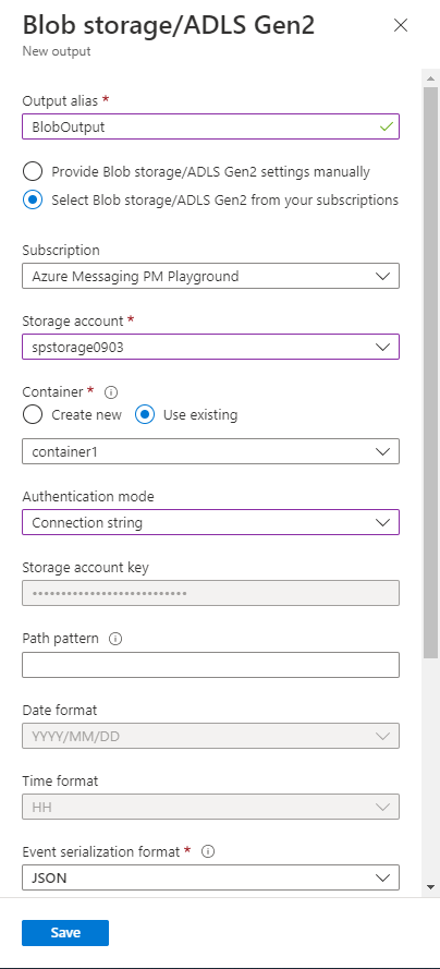 Azure ストレージ アカウントの情報を入力する **[新しい出力]** ページを示すスクリーンショット。