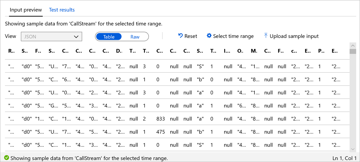 Azure Stream Analytics ビューのテスト結果