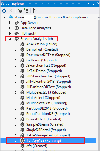 Stream Analytics のサーバー エクスプローラーの一覧