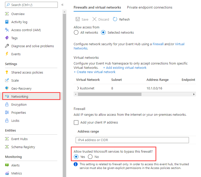 信頼されたサービスへのアクセスを許可する選択が示されている、Event Hubs の [ネットワーク] ページのスクリーンショット。