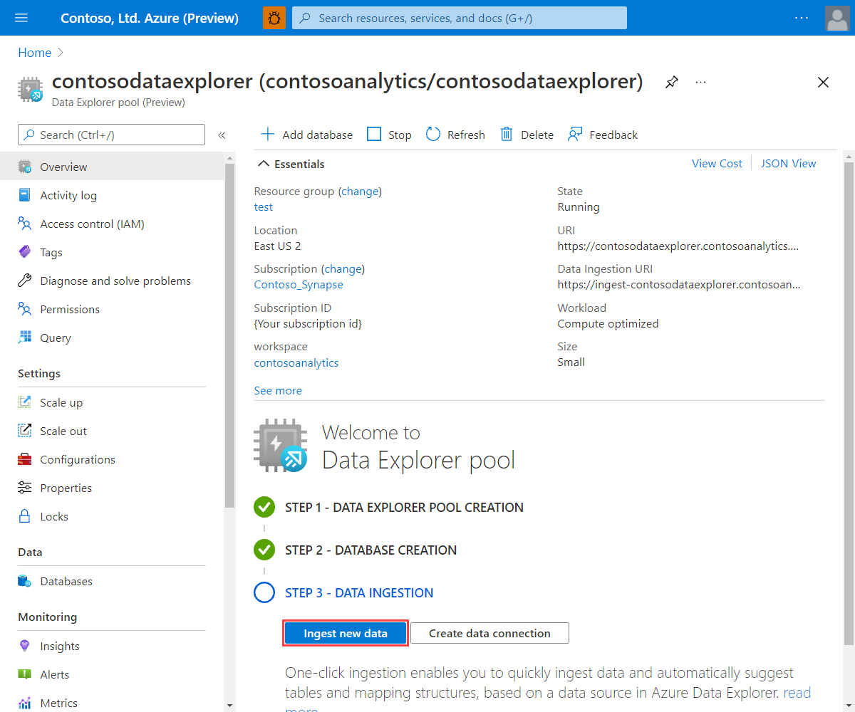 Azure portal のスクリーンショット。特定のプールのコンテキストで Azure Data Explorer を開くところが表示されています。