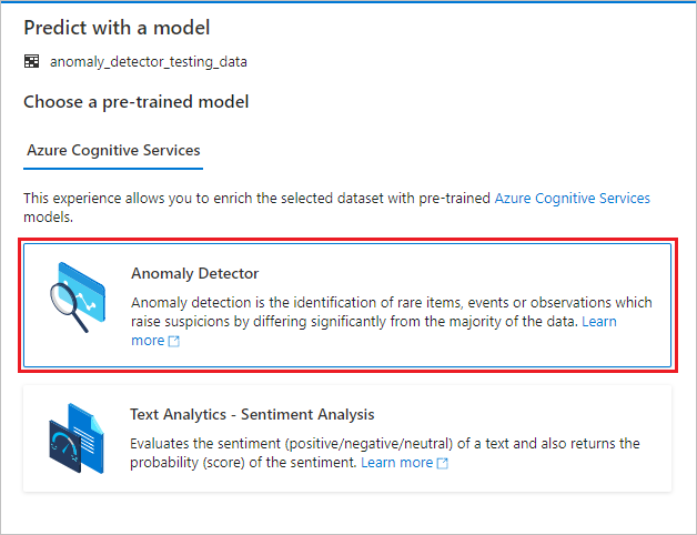 モデルとしての Anomaly Detector の選択を示すスクリーンショット。