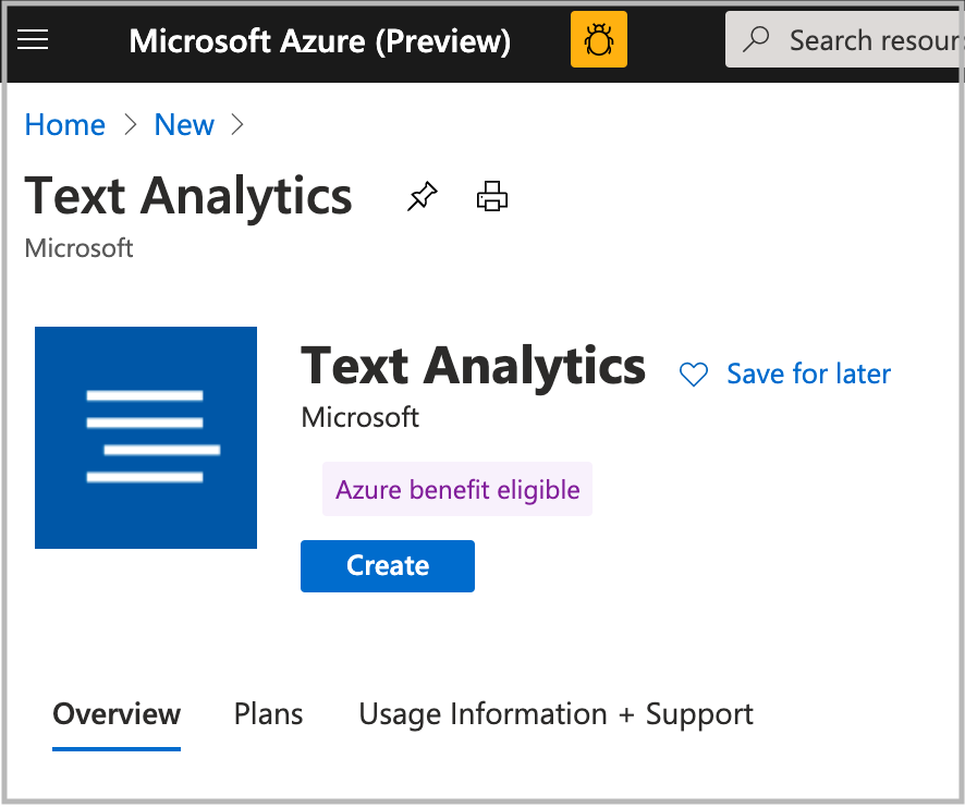 ポータルの Text Analytics と [作成] ボタンを示すスクリーンショット。