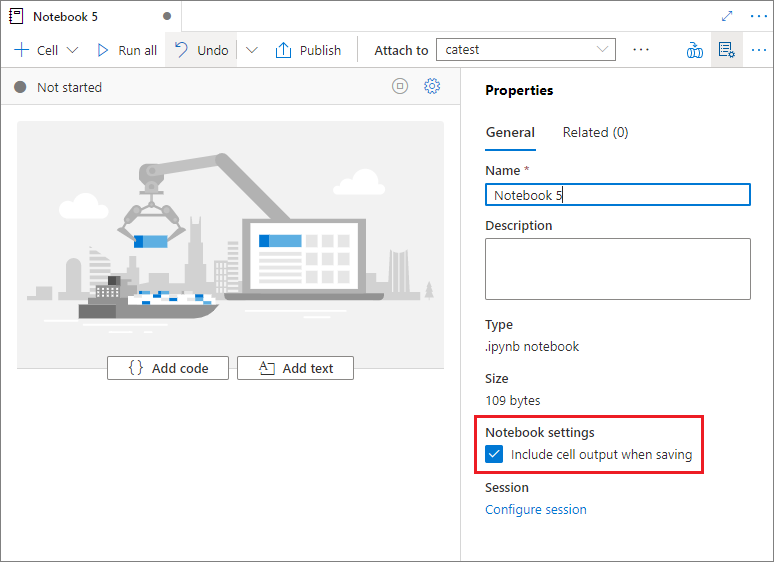 Synapse ノートブックのプロパティと、保存時にセル出力を含めるチェックボックスのスクリーンショット。