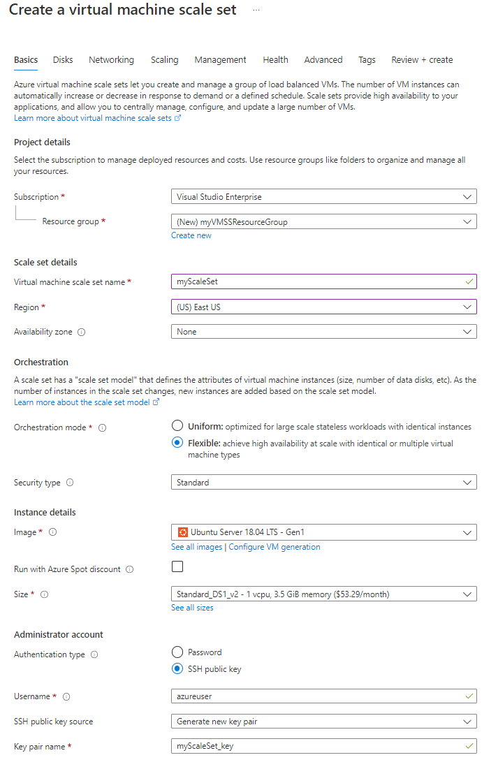 仮想マシン スケール セットの作成プロセス中の Azure portal の [基本] タブのスクリーンショット。