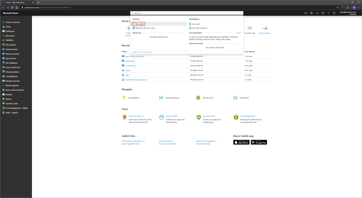 検索ダイアログ ボックスが展開されている Azure portal のスクリーンショット。