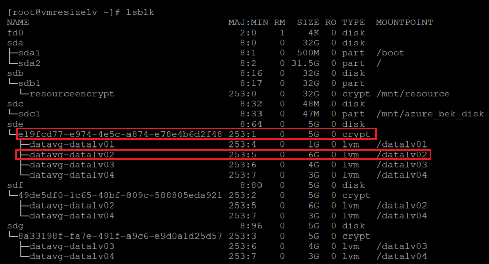 lsblk コマンドの結果を示すスクリーンショット。出力が強調表示され、暗号化されたレイヤーが示されています。