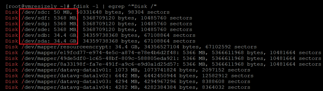 ディスクのサイズを確認するコードを示すスクリーンショット。結果が強調表示されています。