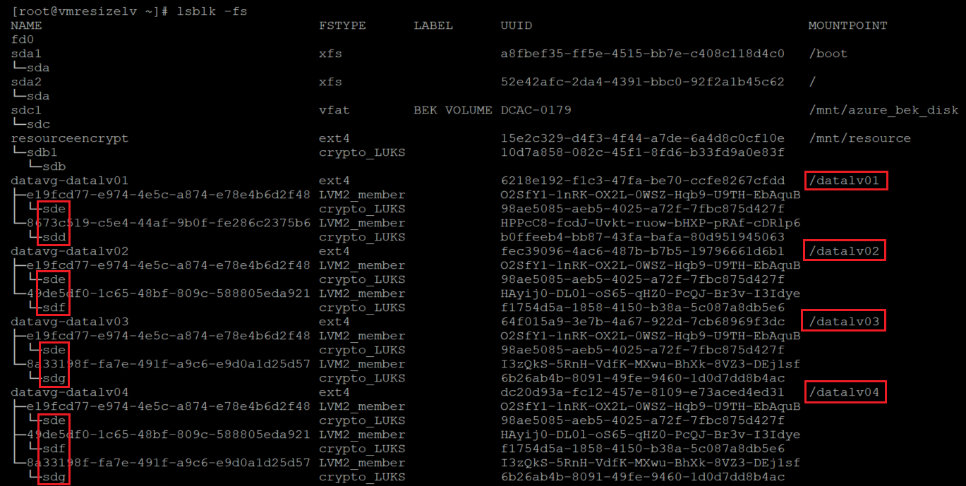 LVM レイヤーが暗号化されたレイヤーの上にあることを確認する別のコードを示すスクリーンショット。結果が強調表示されています。